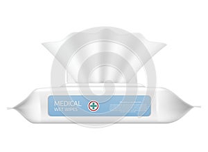 Alcohol medical wet wipes open pack side view realistic vector illustration. Antibacterial wipe