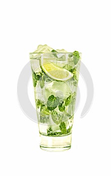 Alcohol. Mojito, cocktail, soda drink, lime, mint, isolated, white background. copy space