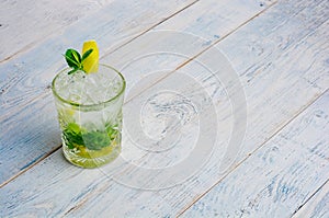 Alcohol mojito cocktil bar long drink fresh tropical beverage top view copy space highball glass, with rum, spearmint
