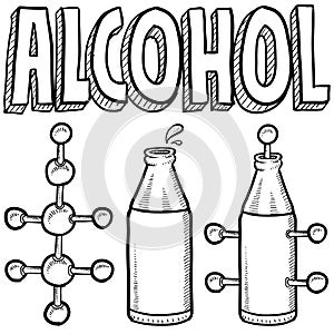 Alcohol molecule and bottle sketch