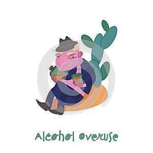 Alcohol overuse. Cartoon character in a trendy style.