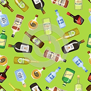 Alcohol seamless background with wine and cocktail bottles and glasses vector illustration. Beverage restaurant drink photo