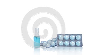 Alcohol spray in glass bottle container, Hand sanitizer in plastic tube, and cotton ball with alcohol in blister pack for cleaning