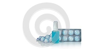 Alcohol spray in glass bottle container, Hand sanitizer in plastic tube, and cotton ball with alcohol in blister pack for cleaning