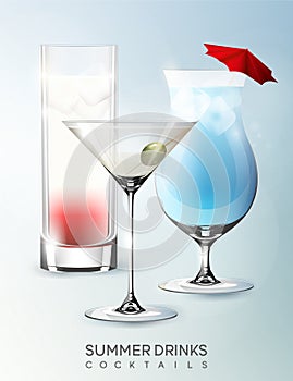 Alcohol summer beverage glasses template with different kinds of cocktails in realistic style isolated
