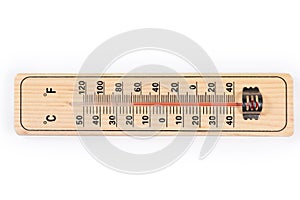 Alcohol thermometer with wooden base and Celsius and Fahrenheit scales