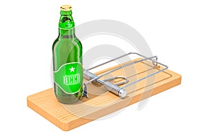 Alcohol Trap concept. Beer bottle in the mousetrap, 3D rendering