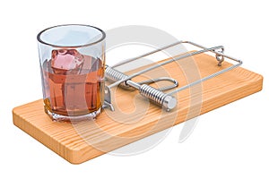 Alcohol Trap concept. Glass with alcohol beverage in the mousetrap, 3D rendering