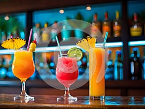 Alcohol tropical coctails in the bar