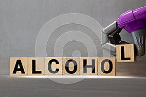 alcohol word written on wood block. alcohol text on table, concept