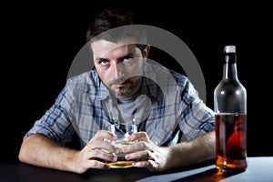 Alcoholic addict man drunk with whiskey glass in alcoholism concept