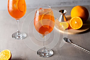Alcoholic Aperol Spritz Cocktail Italian summer aperitif with Prosecco and garnish with orange slice