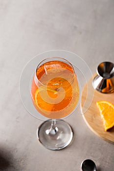 Alcoholic Aperol Spritz Cocktail Italian summer aperitif with Prosecco and garnish with orange slice