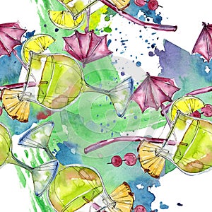 Alcoholic bar party cocktail drink. Watercolor background illustration set. Seamless background pattern.