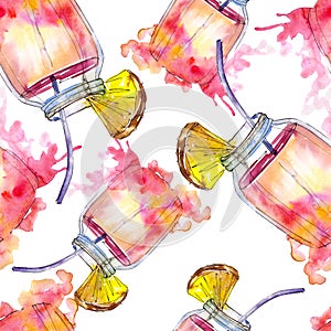 Alcoholic bar party cocktail drink. Watercolor background illustration set. Seamless background pattern.