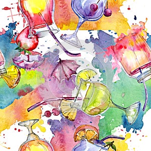 Alcoholic bar party cocktail drink. Watercolor background illustration set. Seamless background pattern.