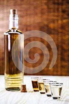 Alcoholic beverages, cachaÃ§a, pinga, rum and brandy. Selection of strong and hard alcoholic drinks, glasses. Vodka, brandy,