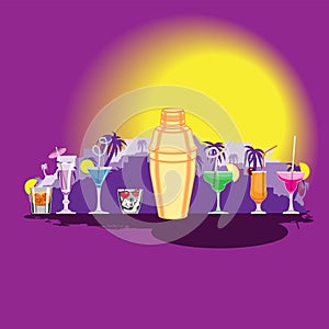 Alcoholic beverages cocktails on isolated background silhouette of the urban landscape. Vector image