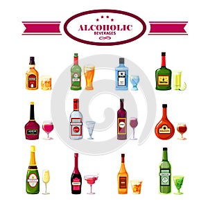 Alcoholic Beverages Drinks Flat Icons Set