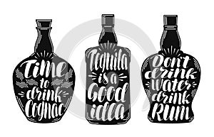 Alcoholic beverages, strong drink label set. Bottle, rum, cognac, tequila icon or logo. Lettering, calligraphy vector