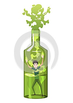 Alcoholic or boozer. Unhappy man standing in green bottle. Young guy with alcohol addiction. Alcoholism concept problem