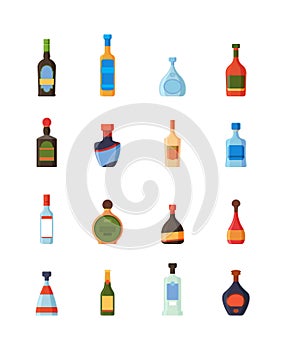 Alcoholic bottles. Restaurant bar alcoholic drinks plastic and glass bottles with labels vodka rum tonic liqueur tequila