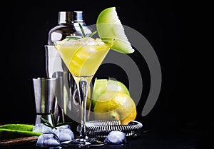 Alcoholic cocktail apple martini, with dry vermouth, syrup, lemon juice, green apple, rosemary and ice cubes. Bar tools, black ba