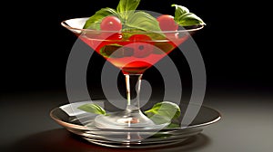 Alcoholic cocktail Caprese Martini with cherry tomatoes and basil on black background