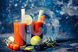 Alcoholic cocktail drink, bloody mary served cold in restaurant