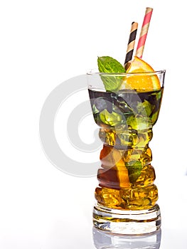 Alcoholic cocktail of the Godfather with orange and ice, isolated on white background