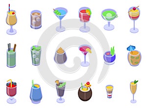 Alcoholic cocktail icons set isometric vector. Food drink