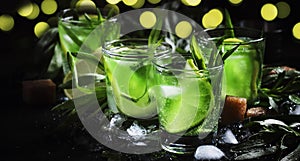 Alcoholic cocktail with lime green, lemon juice, cane sugar, soda, crushed ice and tarragon leaves, black background, selective