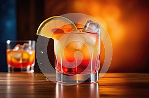 alcoholic cocktail, soft drink with ice, summer cocktail with grenadine and orange, International Bartenders Day,