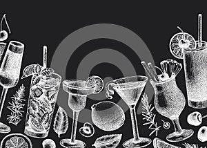 Alcoholic cocktails background on chalkboard. Glass of margarita, mojito, Pina colada, cosmopolitan, tequila sunrise design. Hand-