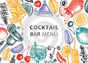 Alcoholic cocktails background. Glass of margarita, mojito, Pina colada, cosmopolitan, tequila sunrise banner design. Hand-