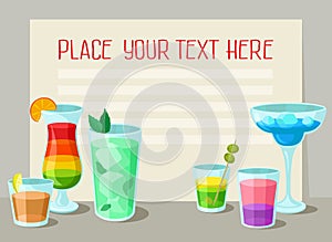 Alcoholic cocktails banner with place for your text, poster with summer drinks, cocktail party invitation vector