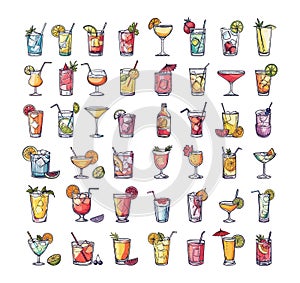 Alcoholic cocktails big vector set. Hand drawn style drinks with fruits, ice cubes, straws, in various colors. Martini