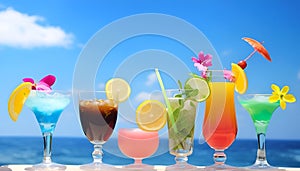 Alcoholic cocktails in glasses against an ocean backdrop, AI-generated.