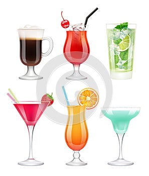 Alcoholic cocktails. Glasses with drinks tropical fruits decorated blue margarita vodka martini vector realistic