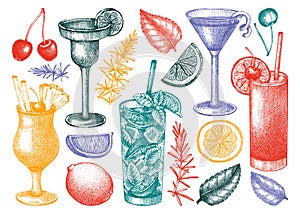 Alcoholic cocktails set. Glass of margarita, mojito, Pina colada, cosmopolitan, tequila sunrise. Hand-sketched cocktails engraved
