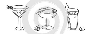 Alcoholic cocktails set, long drink beverages for holiday celebrating. Use for decorating design festive menu. Hand-drawn doodle