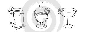 Alcoholic cocktails set, long drink beverages for holiday celebrating. Use for decorating design festive menu. Hand-drawn doodle