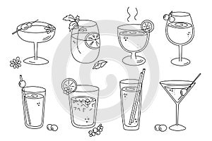 Alcoholic cocktails set, long drink beverages for holiday celebrating. Use for decorating design festive menu. Hand-drawn doodle