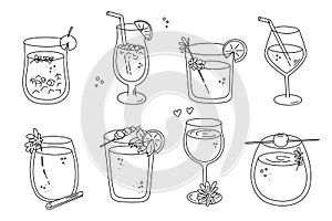 Alcoholic cocktails set, long drink beverages for holiday celebrating. Use for decorating design festive menu. Hand-drawn doodle