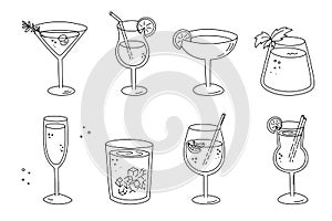 Alcoholic cocktails set, long drink beverages for holiday celebrating. Use for decorating design festive menu. Hand-drawn doodle