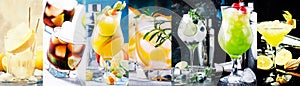 Alcoholic cocktails with strong drinks, soda, berries and fruit in assortment. Close-up. Photo collage