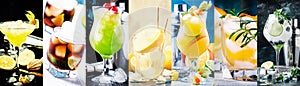 Alcoholic cocktails with strong drinks, soda, berries and fruit in assortment. Close-up. Photo collage