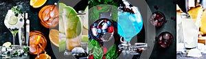 Alcoholic cocktails with strong drinks, soda, berries and fruit in assortment. Close-up. Photo collage