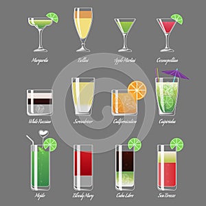 Alcoholic cocktails vector illustration. Margarita and cosmopolitan