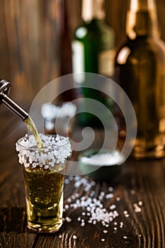 An alcoholic drink at the bar counter is poured into a tequila glass with salt at the edges, in the background are